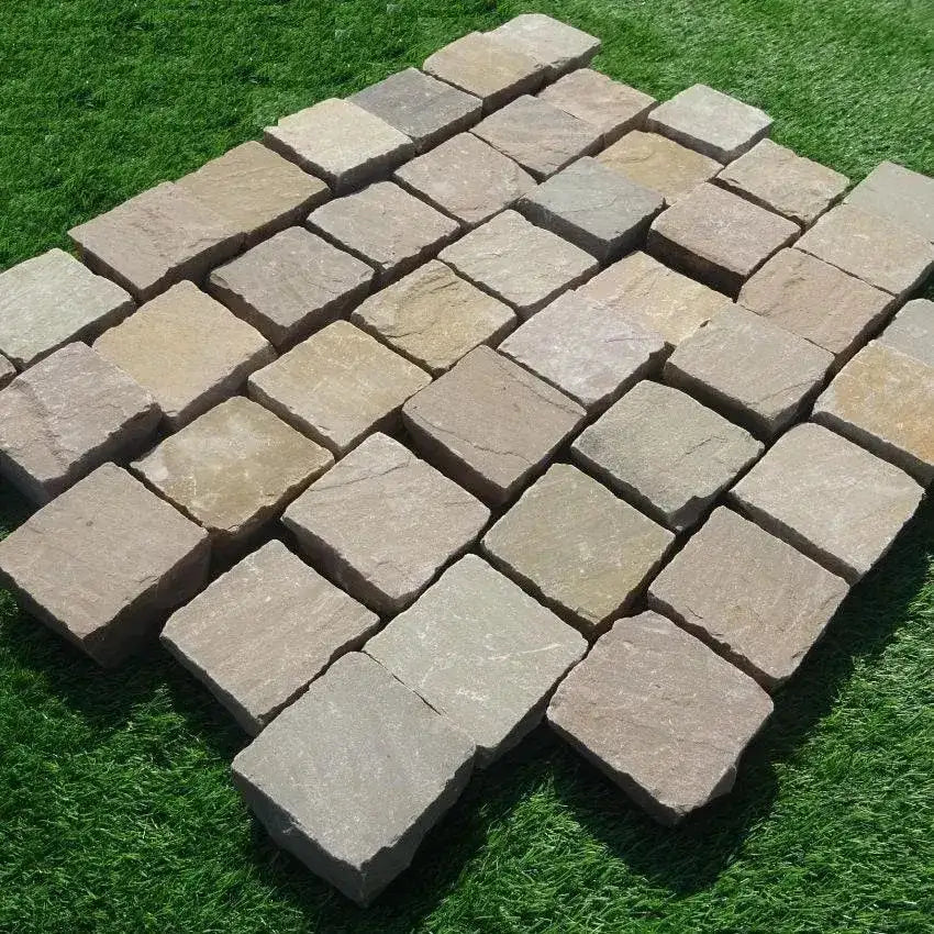 Raj Green Sandstone Cobble Setts 100 x 100 x 50 Paving Slabs UK