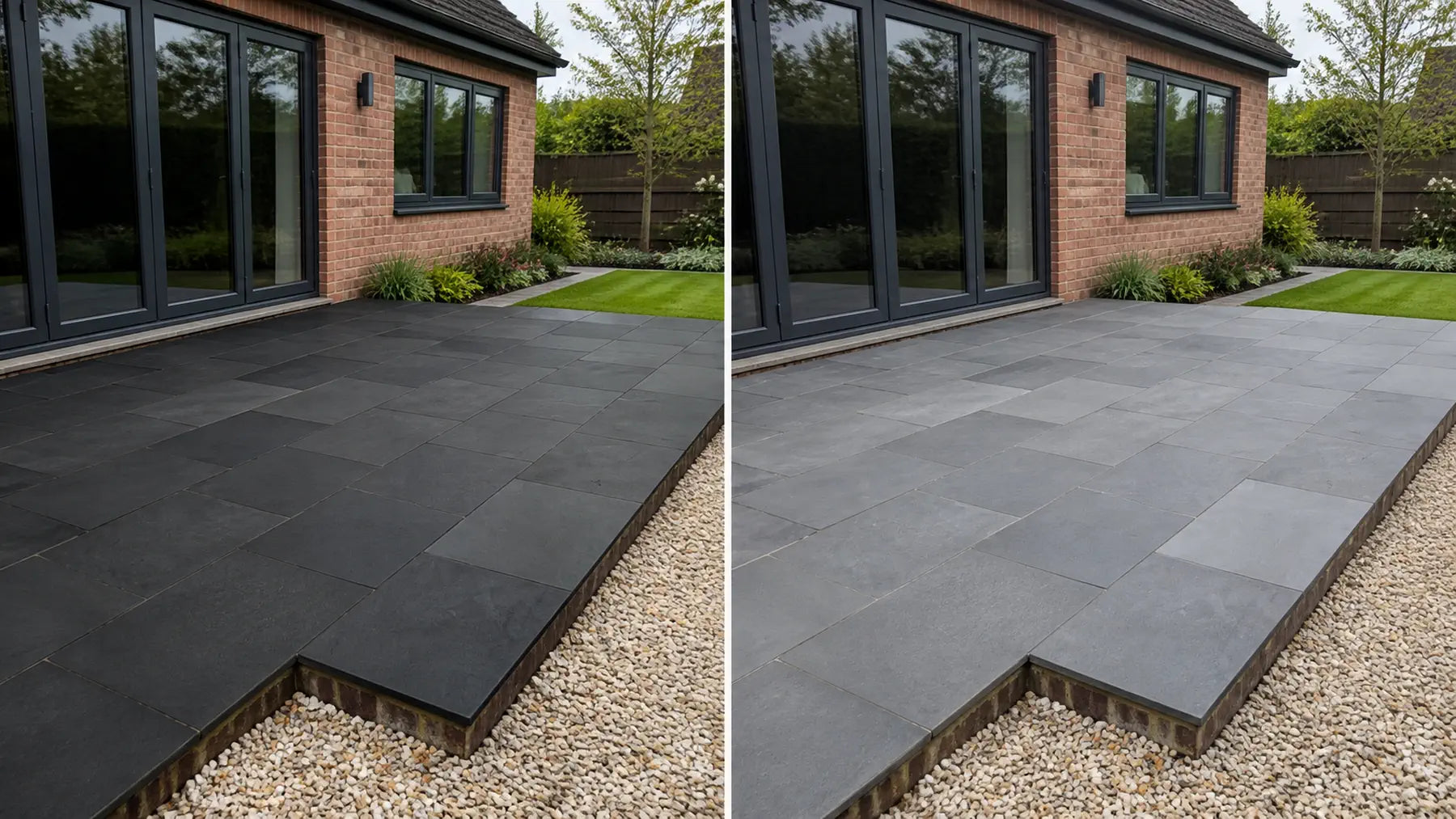 Weathered and colour-enhanced black limestone paving compared