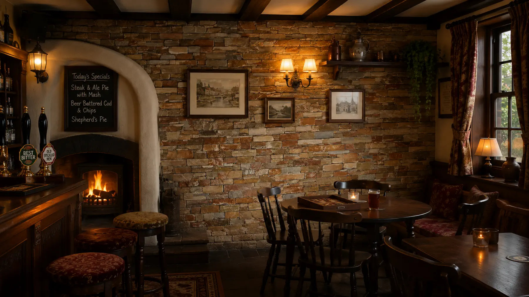 Oyster golden natural stone cladding used in a traditional British country pub interior
