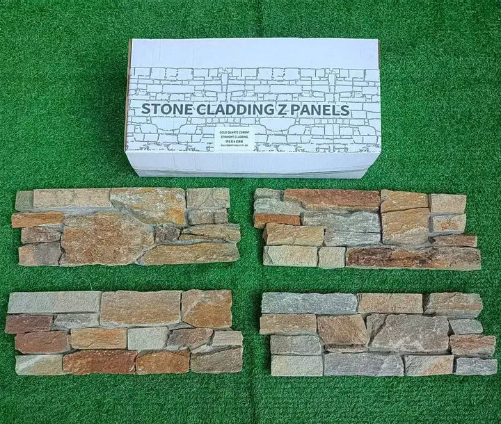 Stone Cladding Tiles On Rails Autumn Gold Stone Cladding Z Tiles Clad Panels 570 x 200 | Paving Slabs UK