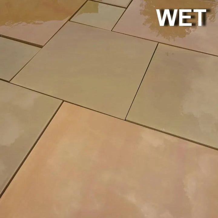 smooth sawn honed sandstone Raj green patio slabs